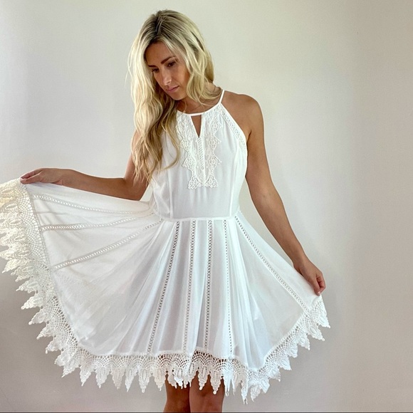 Greylin White Asymmetrical Lace Trim Dress Large - Picture 13 of 15